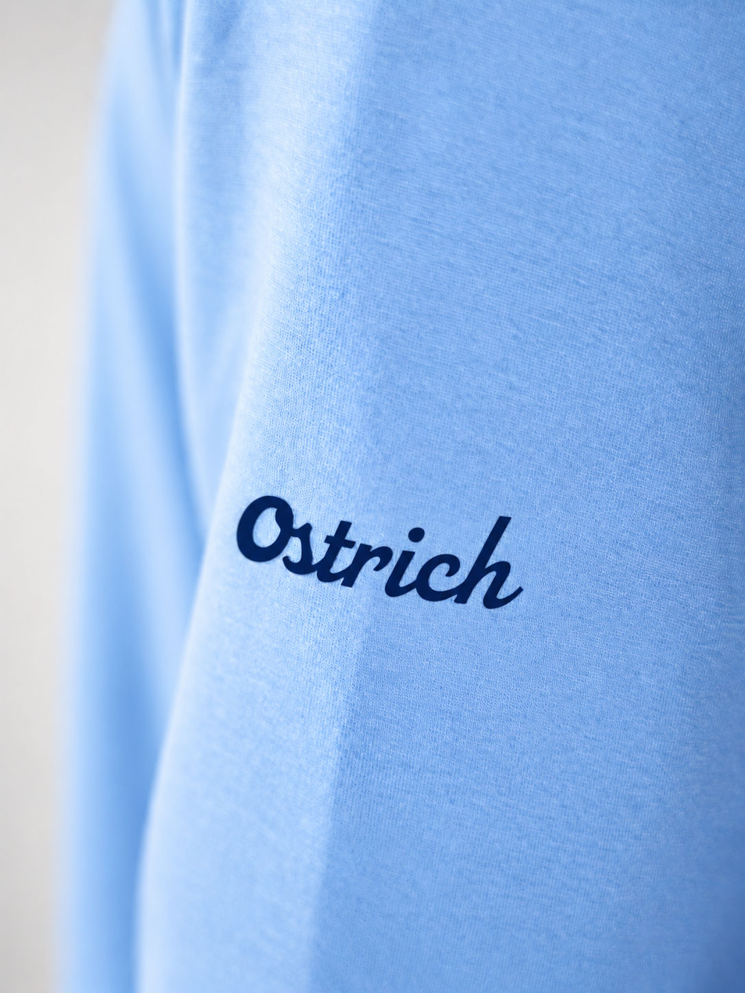 Sweater Prestige Soft in sky blue, sleeve detail with the Ostrich name